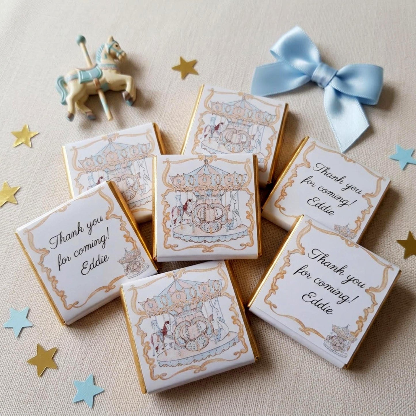 Personalised Blue French Carousel Chocolate Favours – Boys Birthday Party Bag Fillers