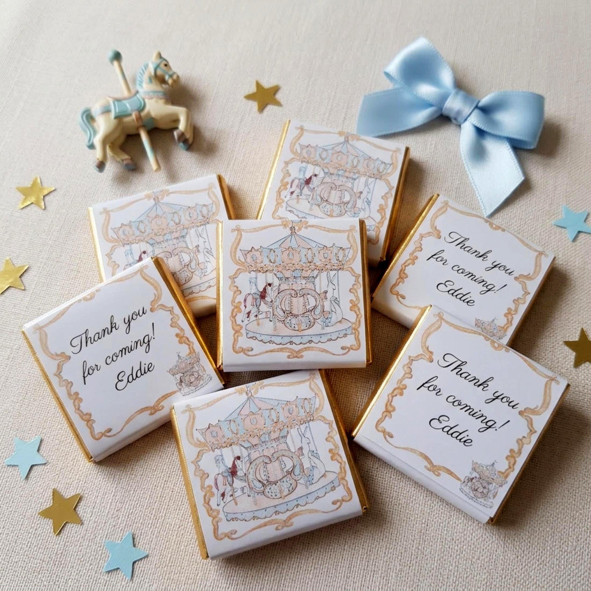 Personalised Blue French Carousel Chocolate Favours – Boys Birthday Party Bag Fillers