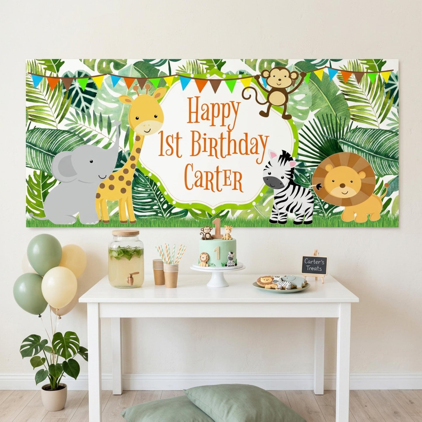 Personalised Jungle Safari Birthday Banner, Custom Wild One Party Backdrop. 1st Birthday Sign