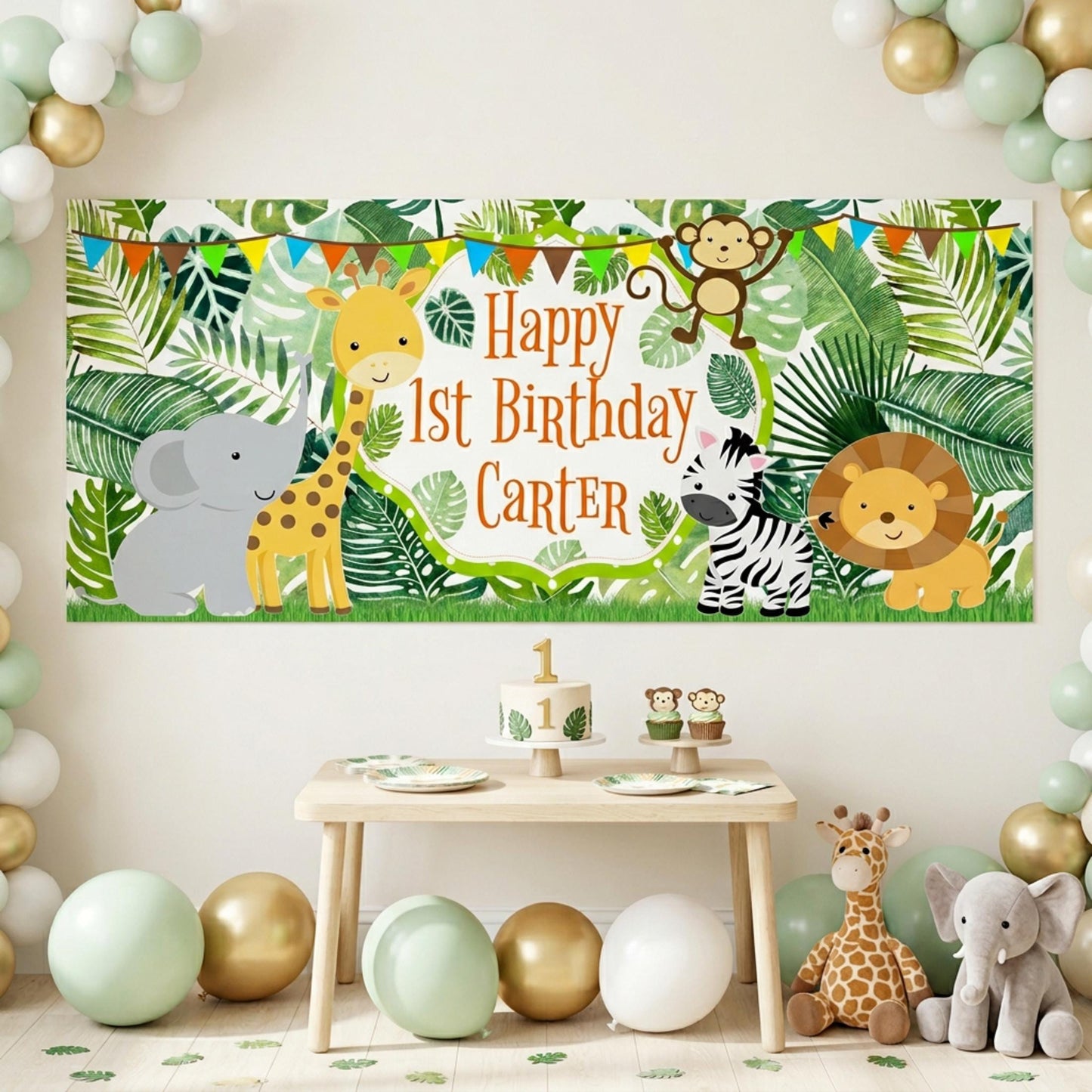 Personalised Jungle Safari Birthday Banner, Custom Wild One Party Backdrop. 1st Birthday Sign