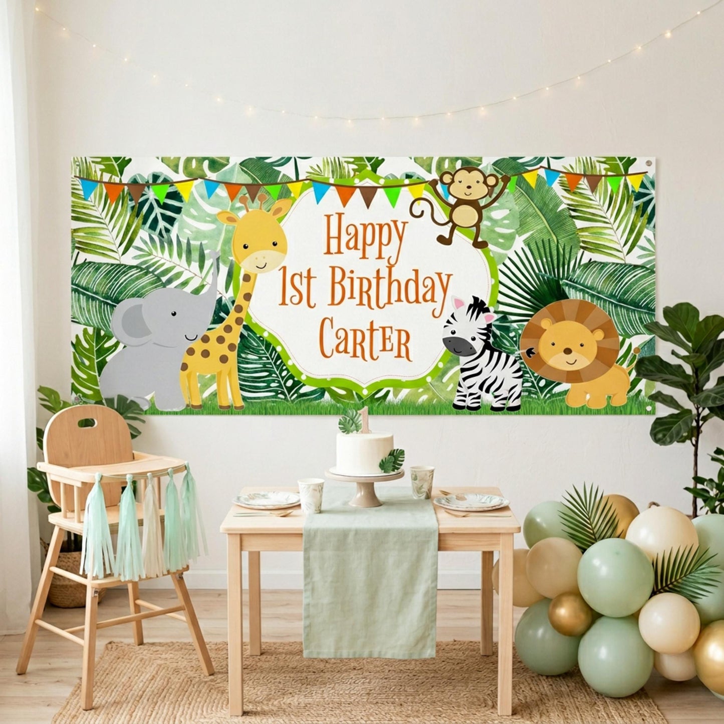 Personalised Jungle Safari Birthday Banner, Custom Wild One Party Backdrop. 1st Birthday Sign