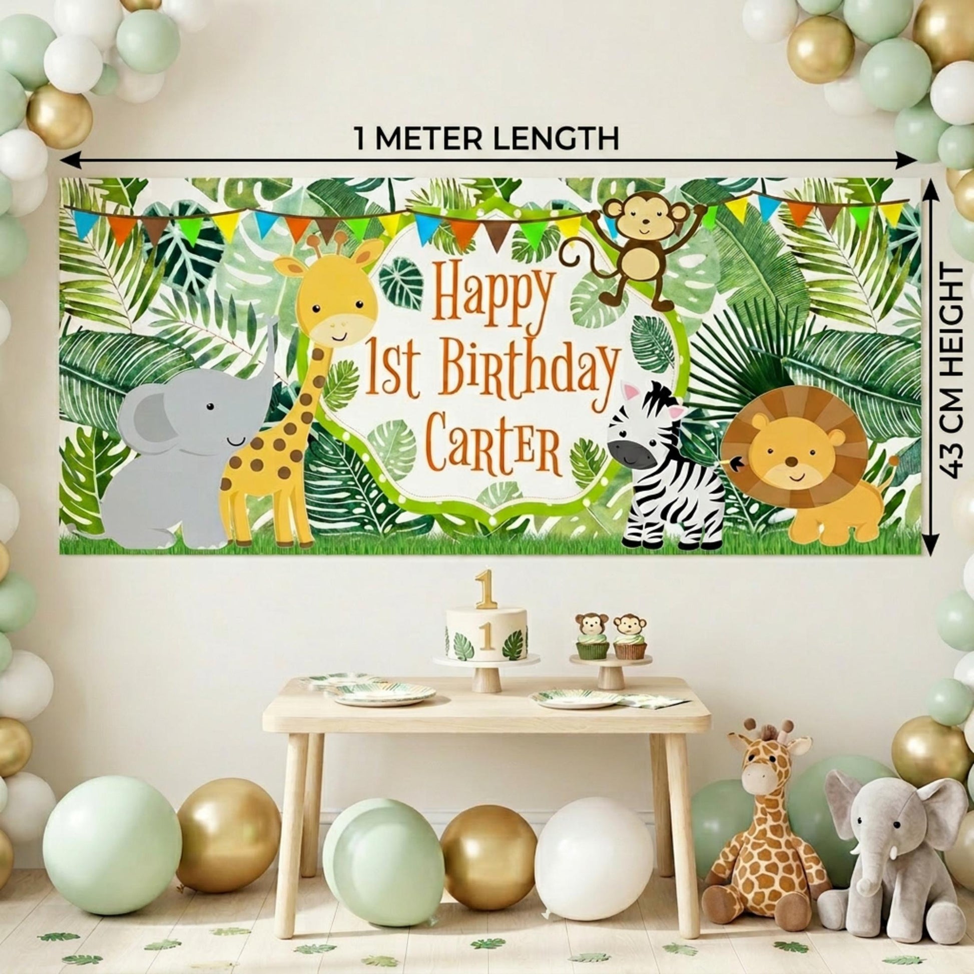 Personalised Jungle Safari Birthday Banner, Custom Wild One Party Backdrop. 1st Birthday Sign