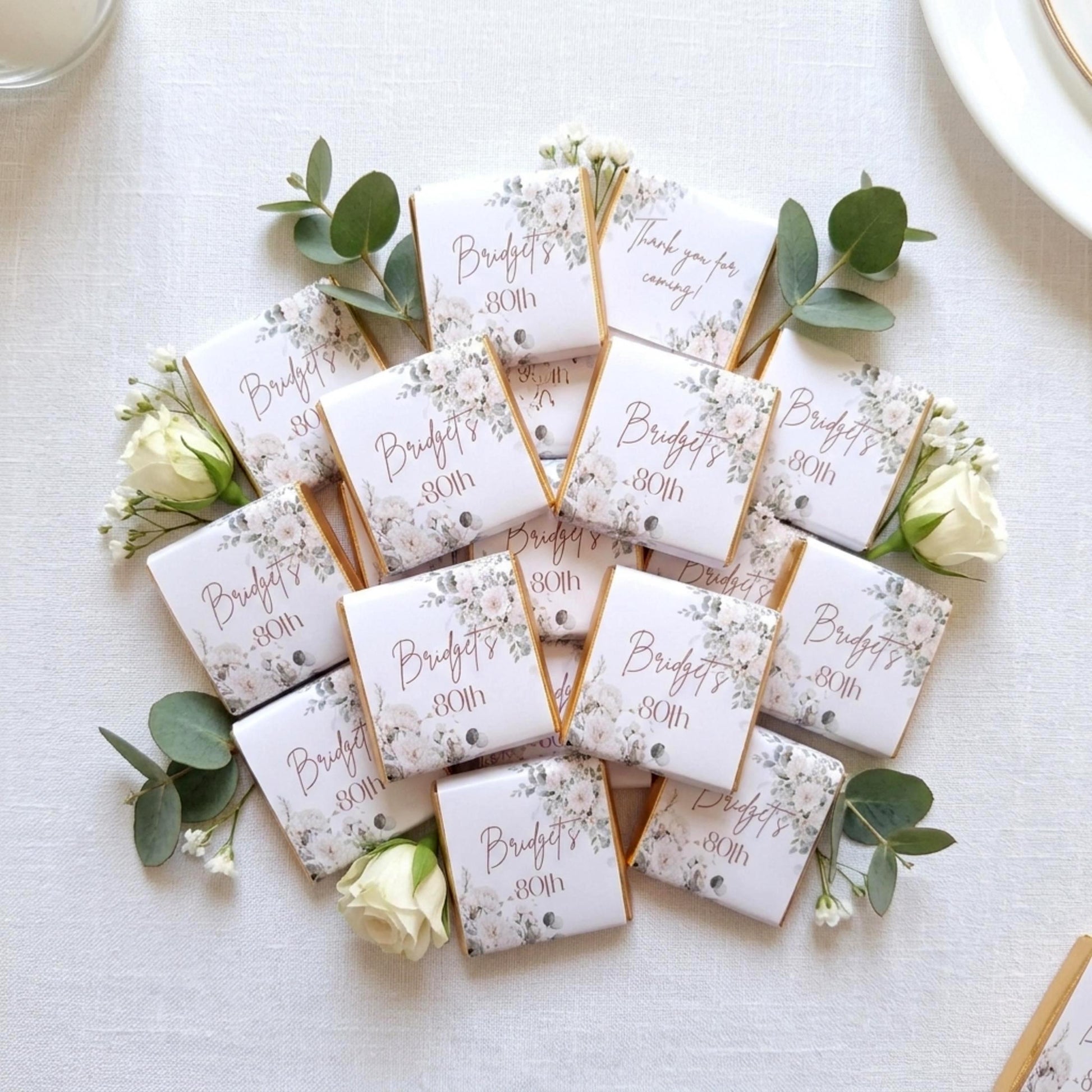 Personalised 80th Birthday Chocolates, White Floral Party Favours