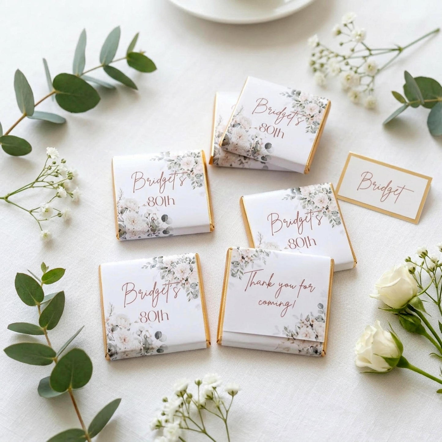 Personalised 80th Birthday Chocolates, White Floral Party Favours