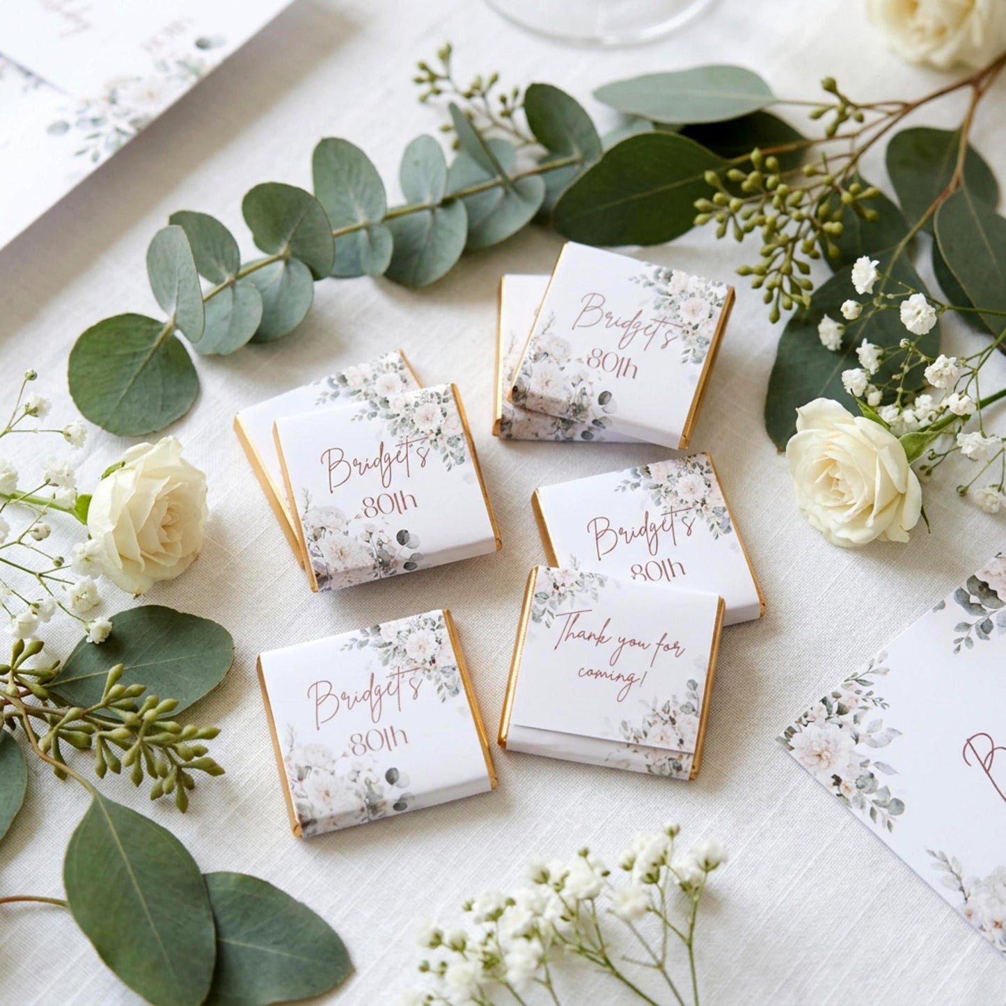 Personalised 80th Birthday Chocolates, White Floral Party Favours