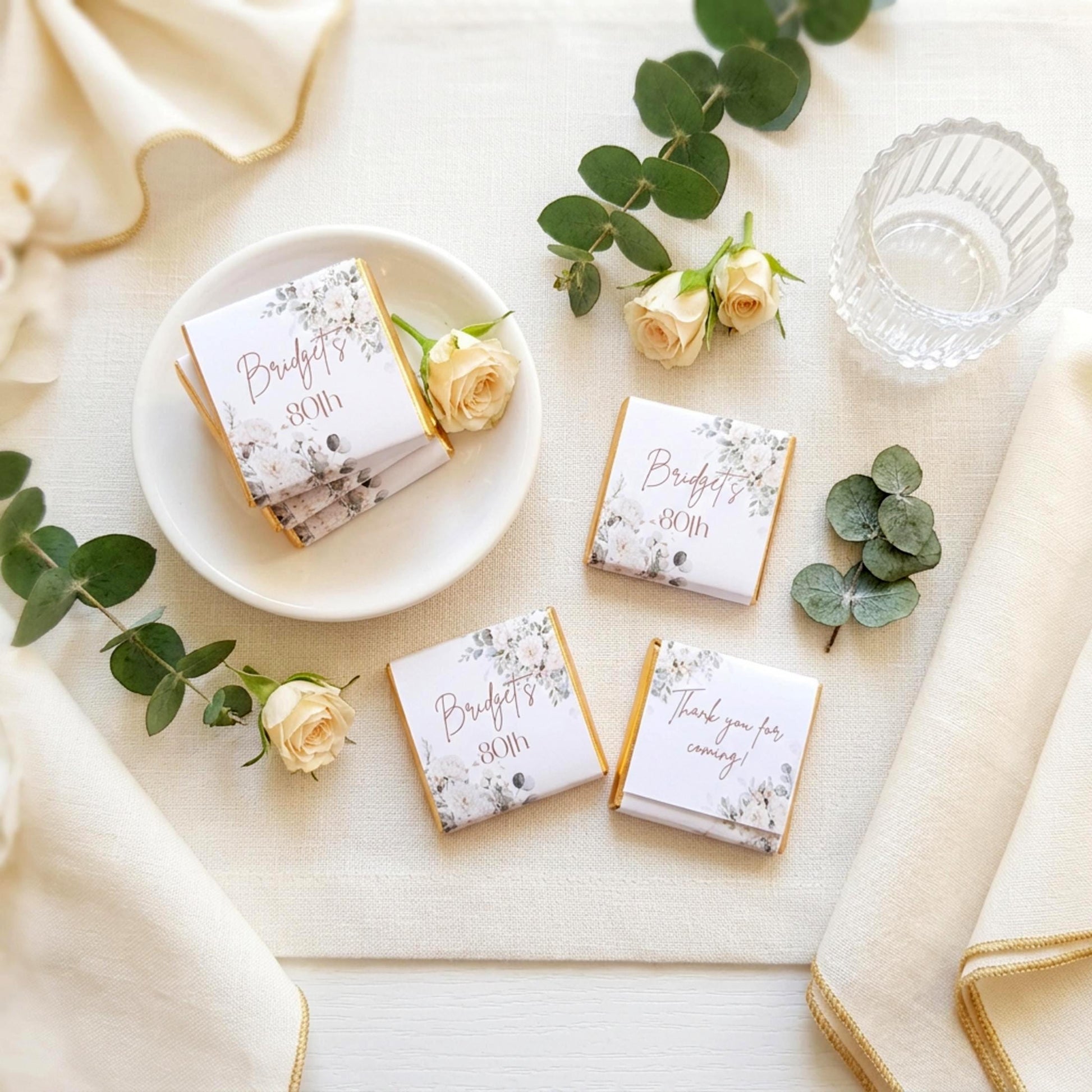 Personalised 80th Birthday Chocolates, White Floral Party Favours