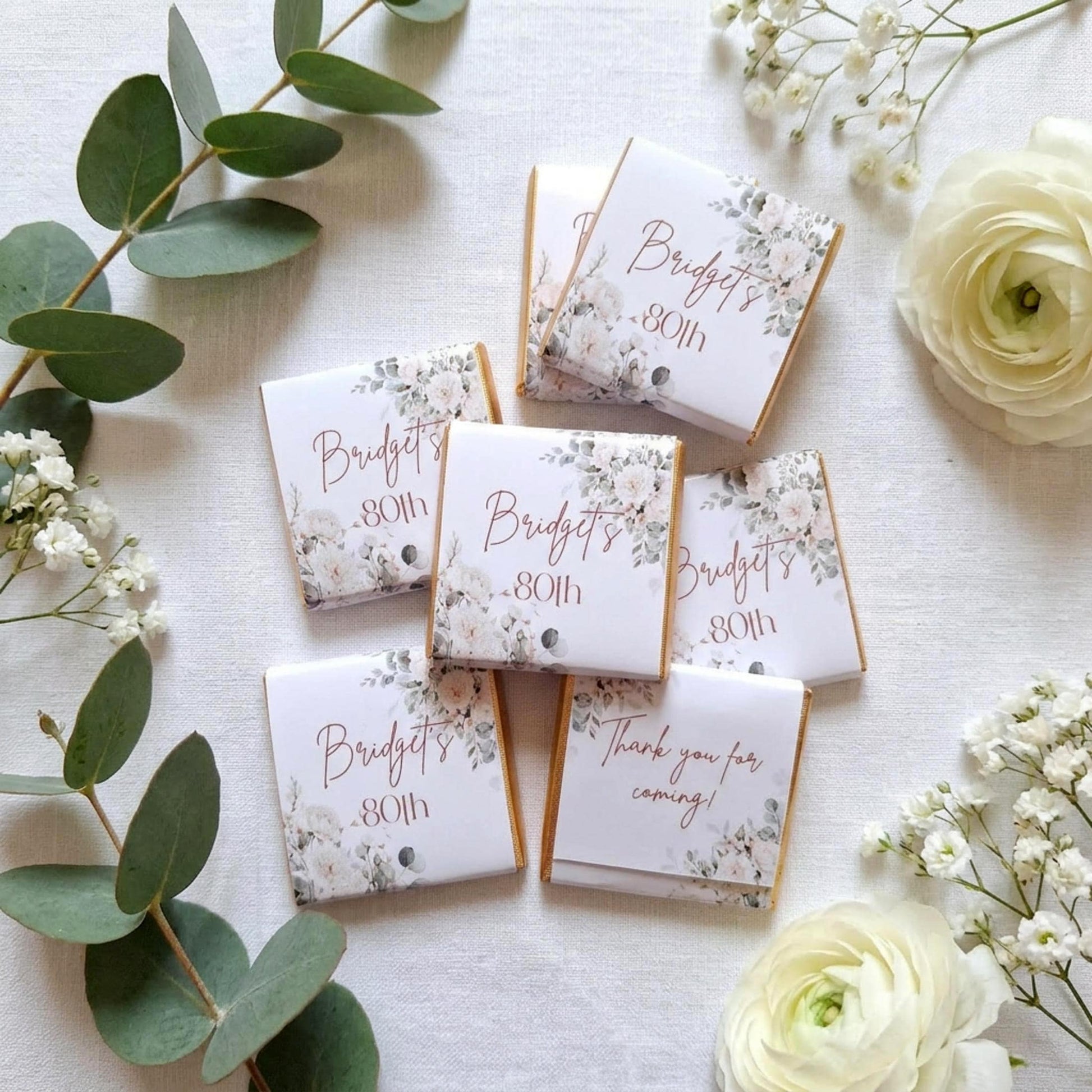Personalised 80th Birthday Chocolates, White Floral Party Favours