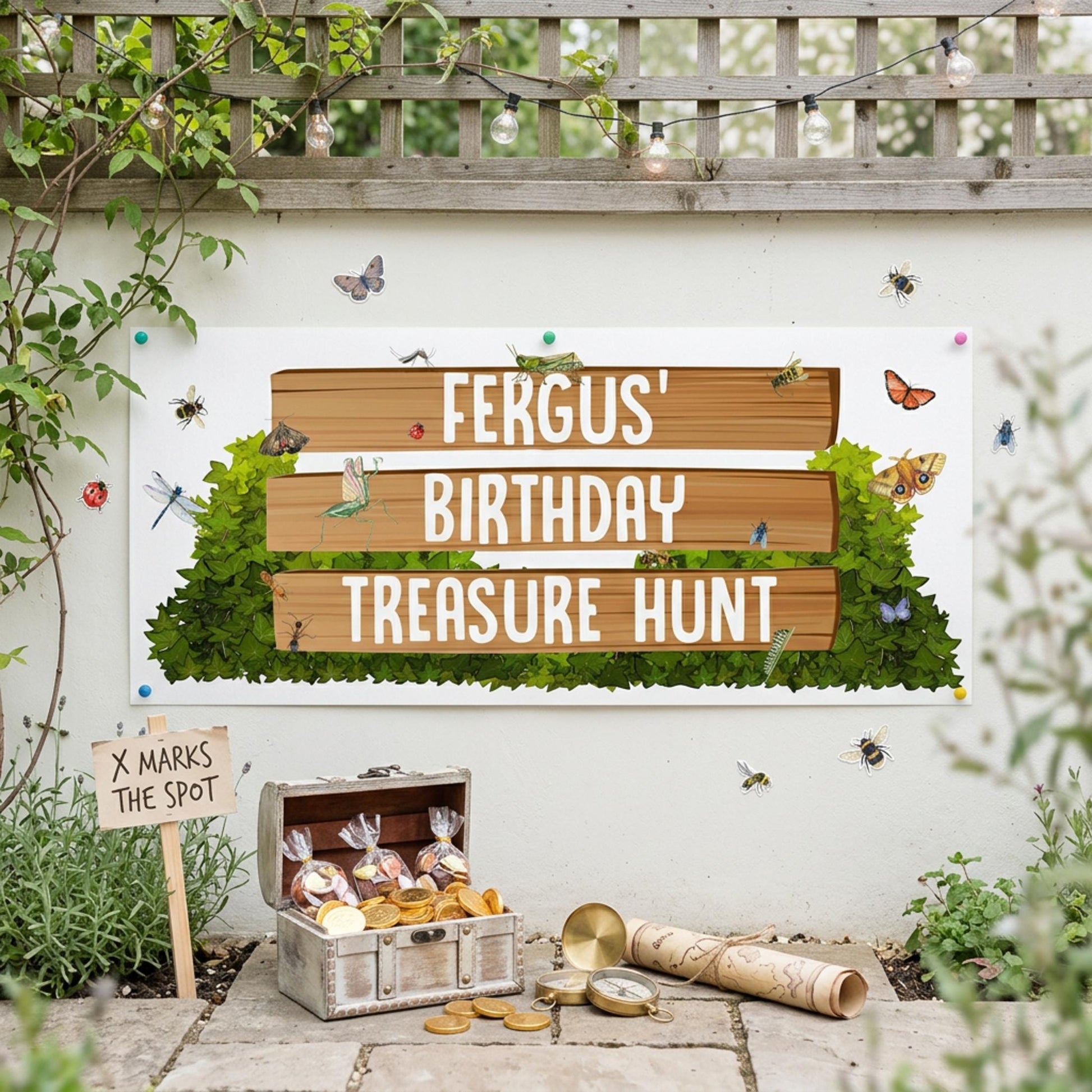 Personalised Garden Treasure Hunt Birthday Banner, Custom Nature Explorer Party Backdrop