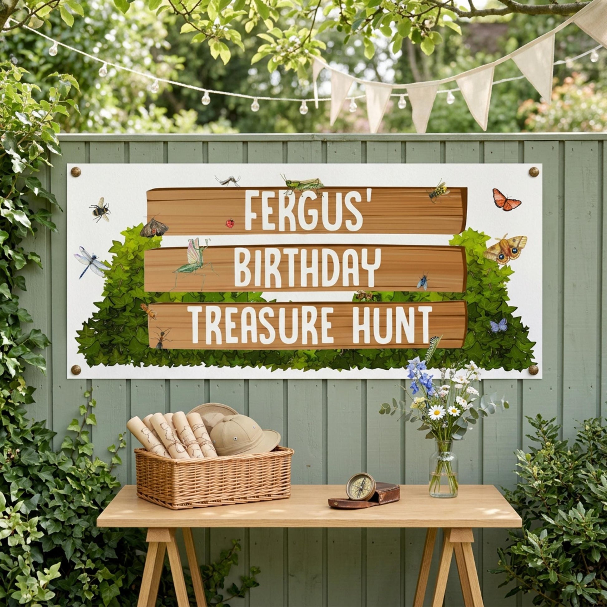 Personalised Garden Treasure Hunt Birthday Banner, Custom Nature Explorer Party Backdrop