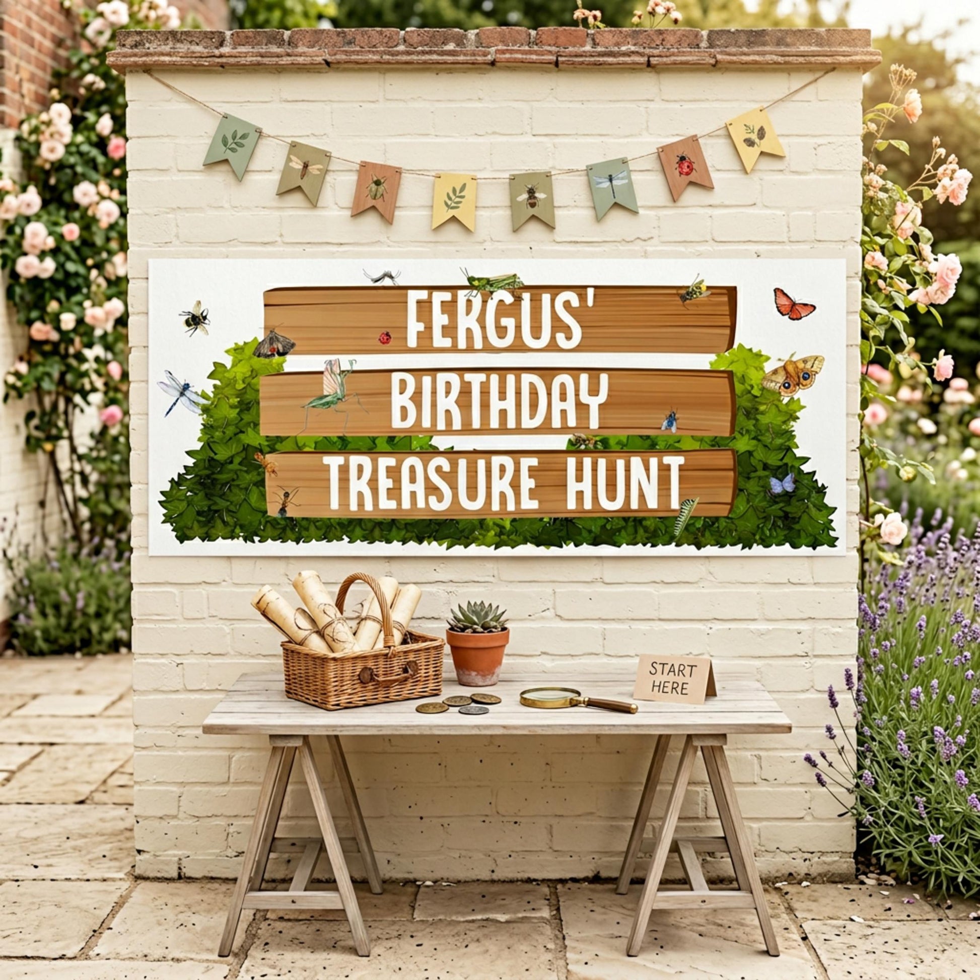 Personalised Garden Treasure Hunt Birthday Banner, Custom Nature Explorer Party Backdrop