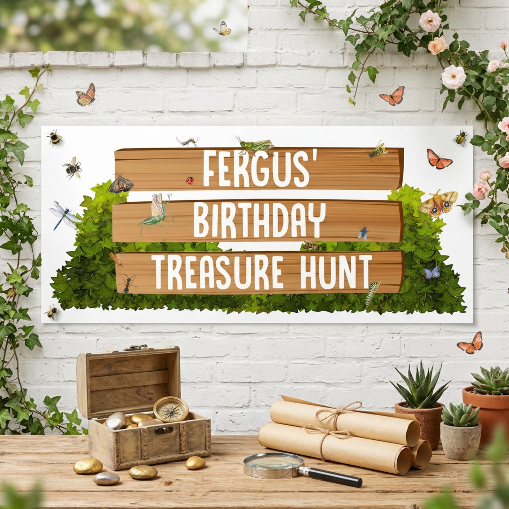Personalised Garden Treasure Hunt Birthday Banner, Custom Nature Explorer Party Backdrop