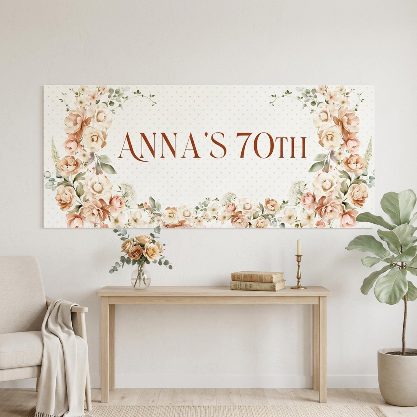 Personalised 70th Birthday Banner, Soft Floral Party Backdrop for Any Age