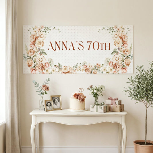 Personalised 70th Birthday Banner, Soft Floral Party Backdrop for Any Age