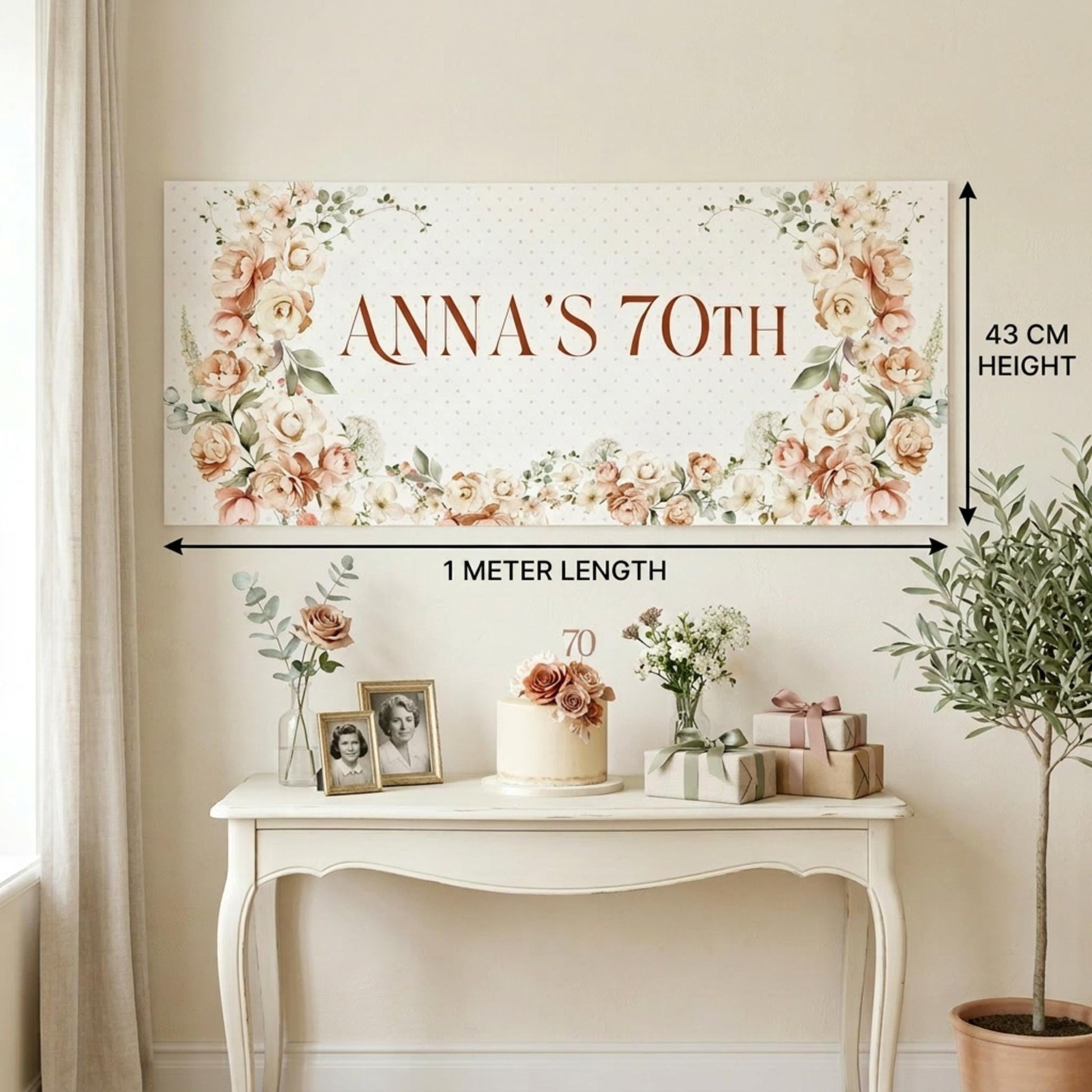 Personalised 70th Birthday Banner, Soft Floral Party Backdrop for Any Age