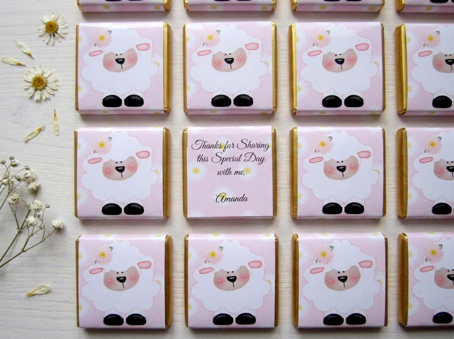 Personalised Girls Christening Chocolate Favours – Baby Sheep Party Guest Gifts