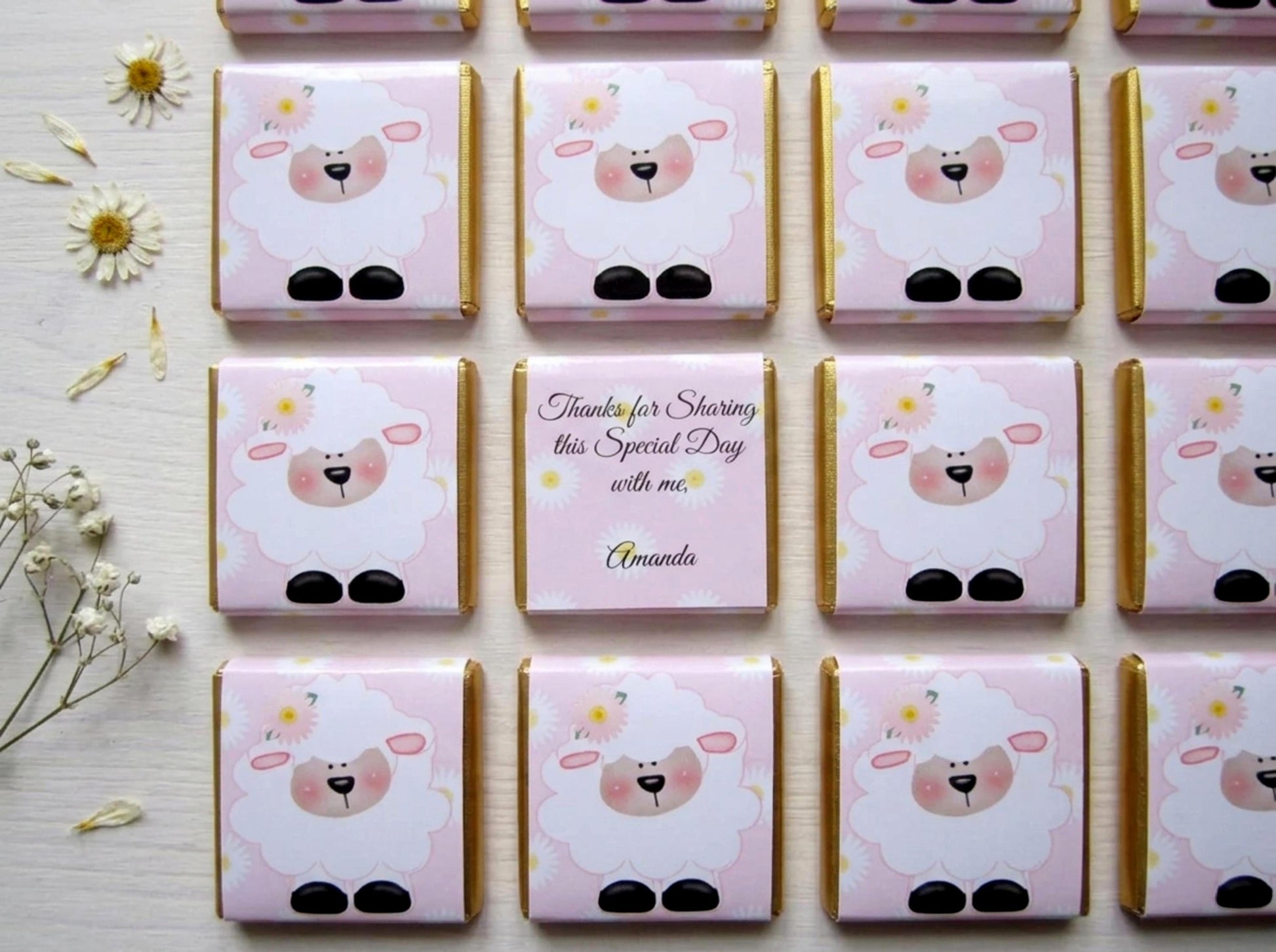 Personalised Girls Christening Chocolate Favours – Baby Sheep Party Guest Gifts