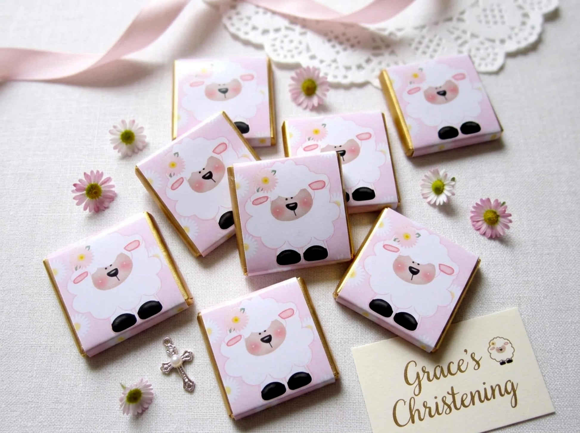 Personalised Girls Christening Chocolate Favours – Baby Sheep Party Guest Gifts