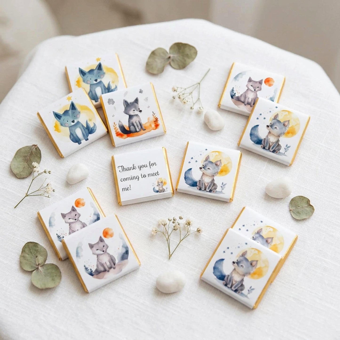 Personalised Welcome Baby Wolf Favours, Boy 1st Birthday Treats