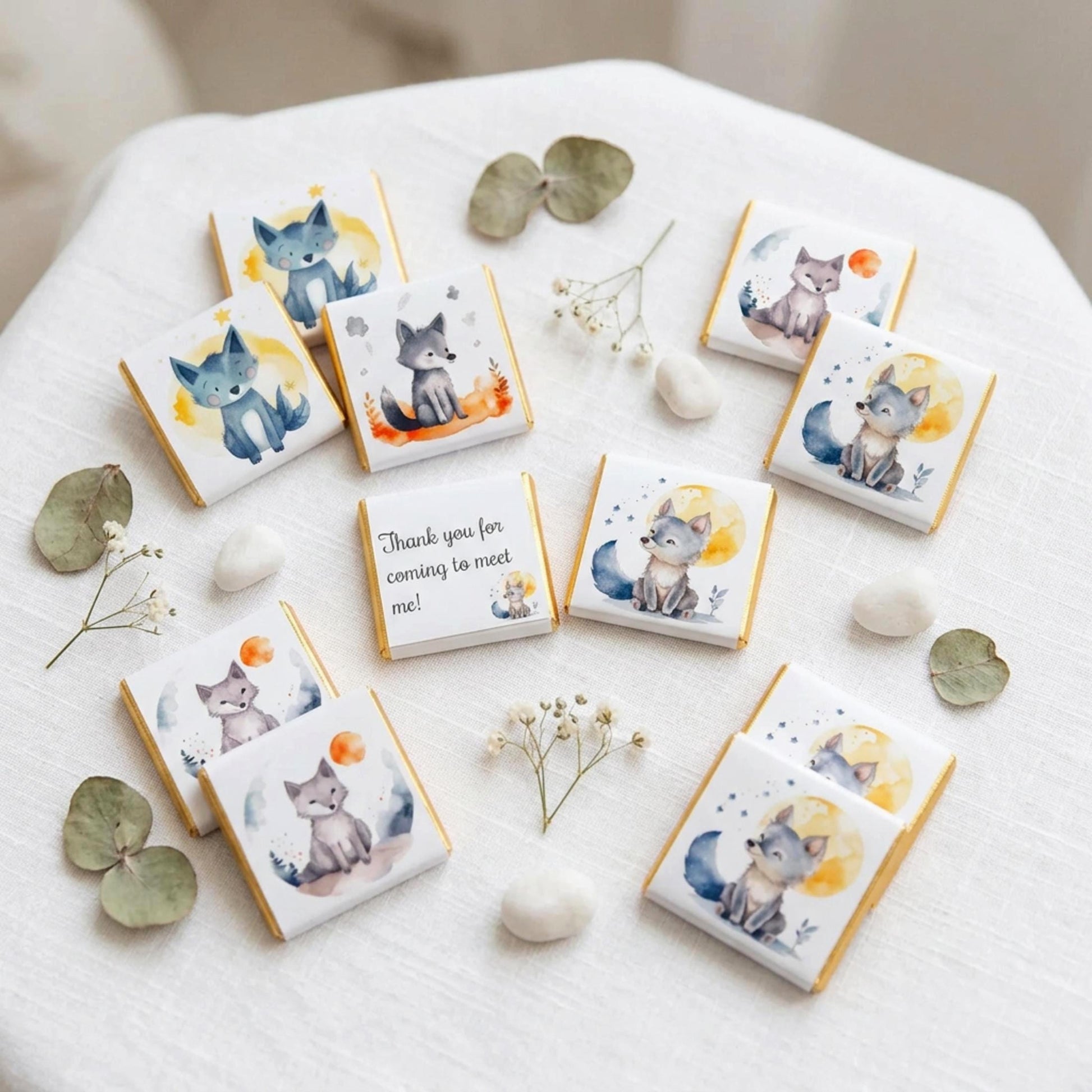 Personalised Welcome Baby Wolf Favours, Boy 1st Birthday Treats