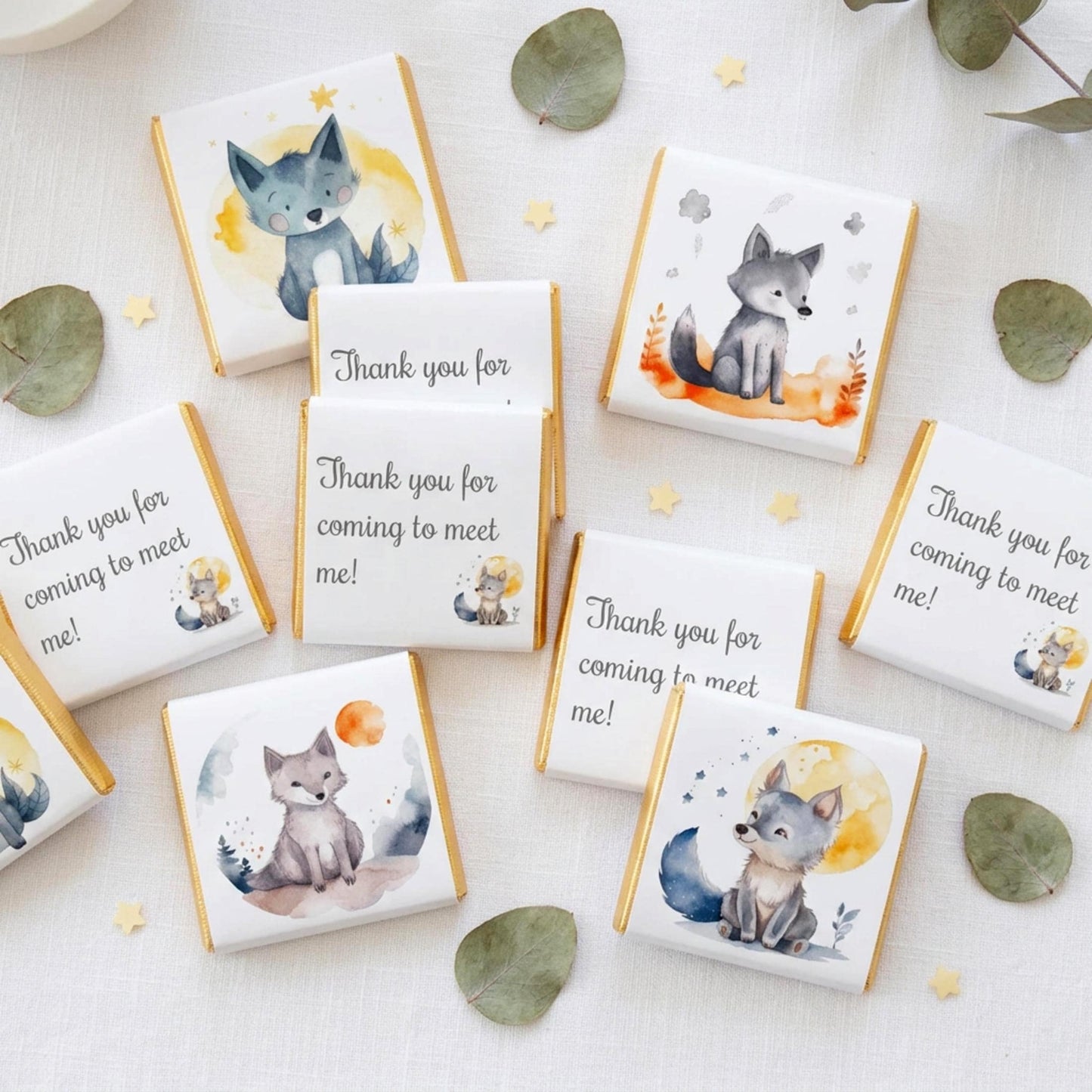 Personalised Welcome Baby Wolf Favours, Boy 1st Birthday Treats