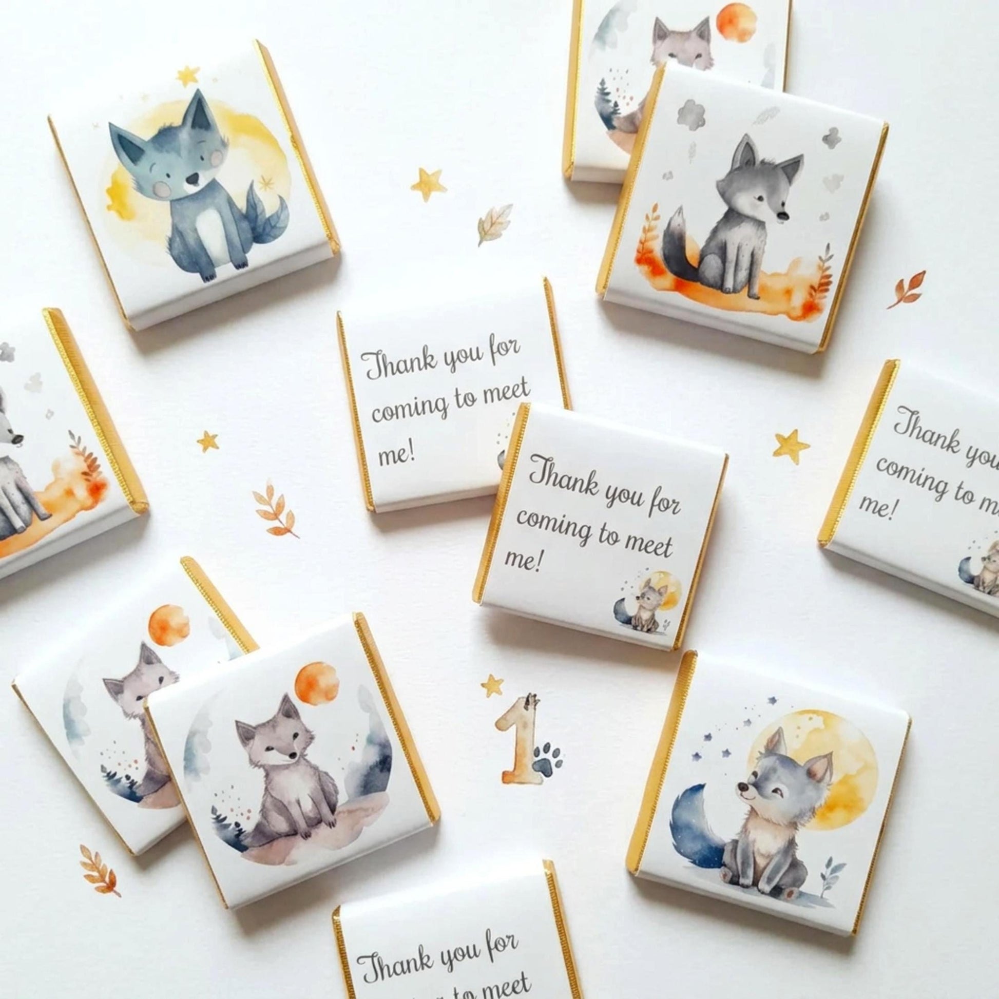 Personalised Welcome Baby Wolf Favours, Boy 1st Birthday Treats