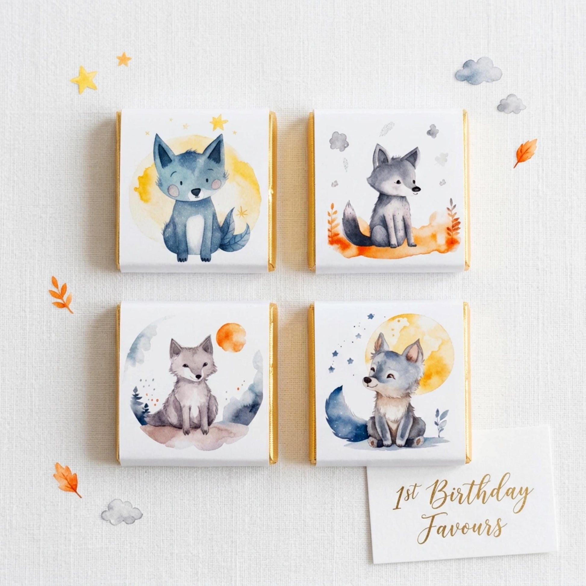 Personalised Welcome Baby Wolf Favours, Boy 1st Birthday Treats