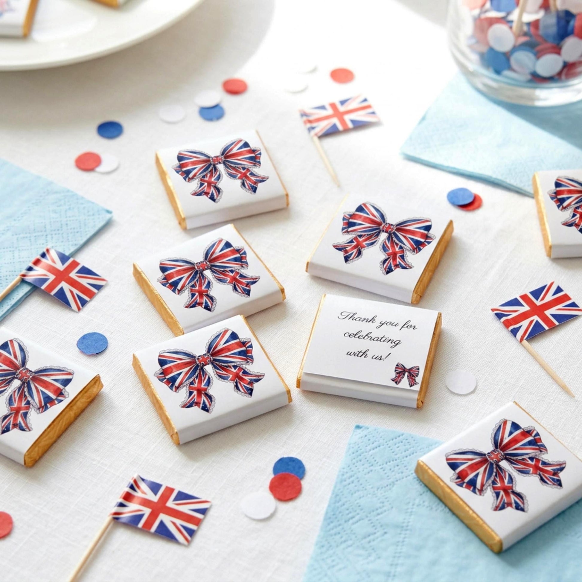 Personalised Union Jack Chocolate Favours – British Bow Table Decor, Street Party Bag Fillers