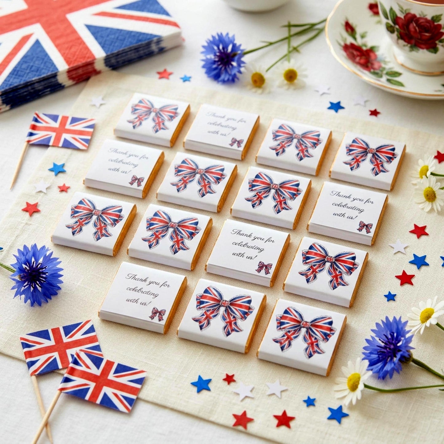 Personalised Union Jack Chocolate Favours – British Bow Table Decor, Street Party Bag Fillers