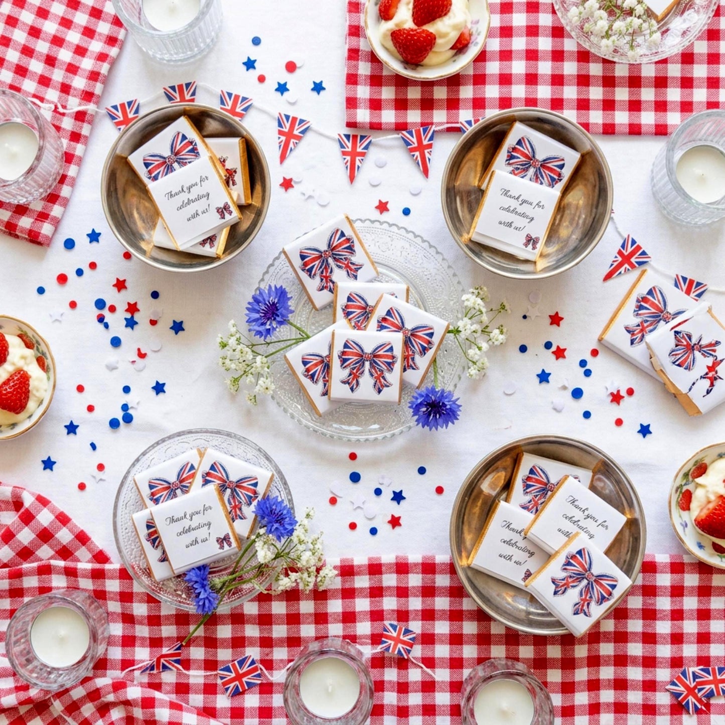 Personalised Union Jack Chocolate Favours – British Bow Table Decor, Street Party Bag Fillers