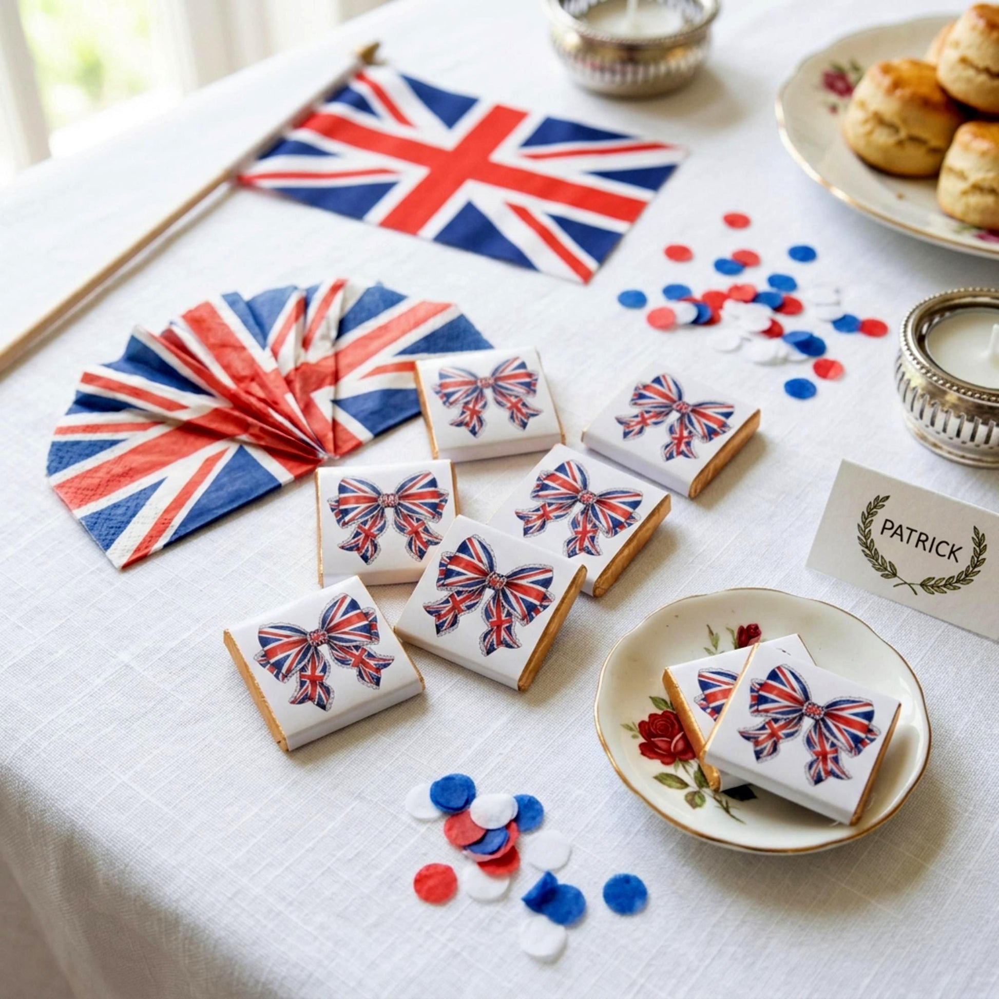Personalised Union Jack Chocolate Favours – British Bow Table Decor, Street Party Bag Fillers