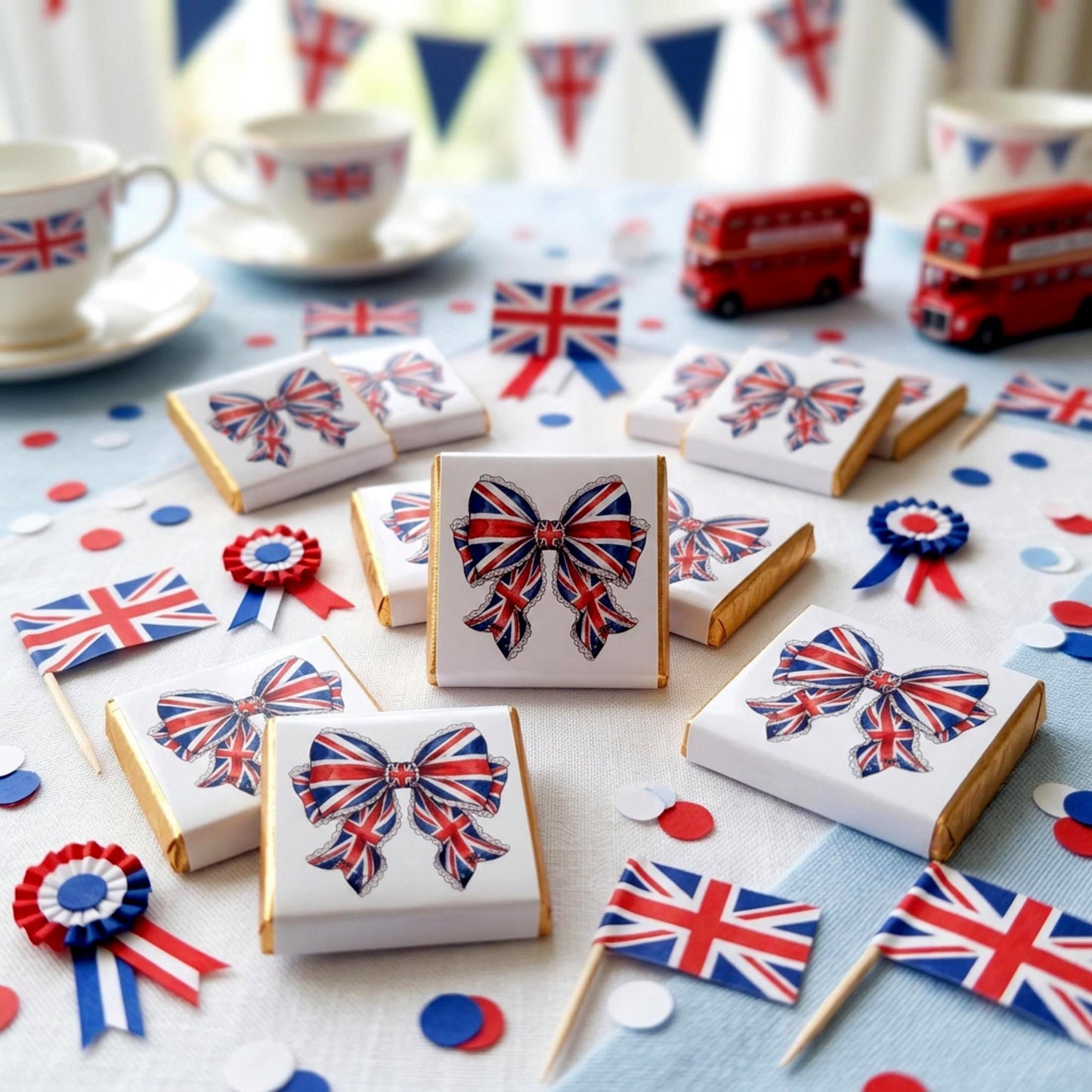 Personalised Union Jack Chocolate Favours – British Bow Table Decor, Street Party Bag Fillers