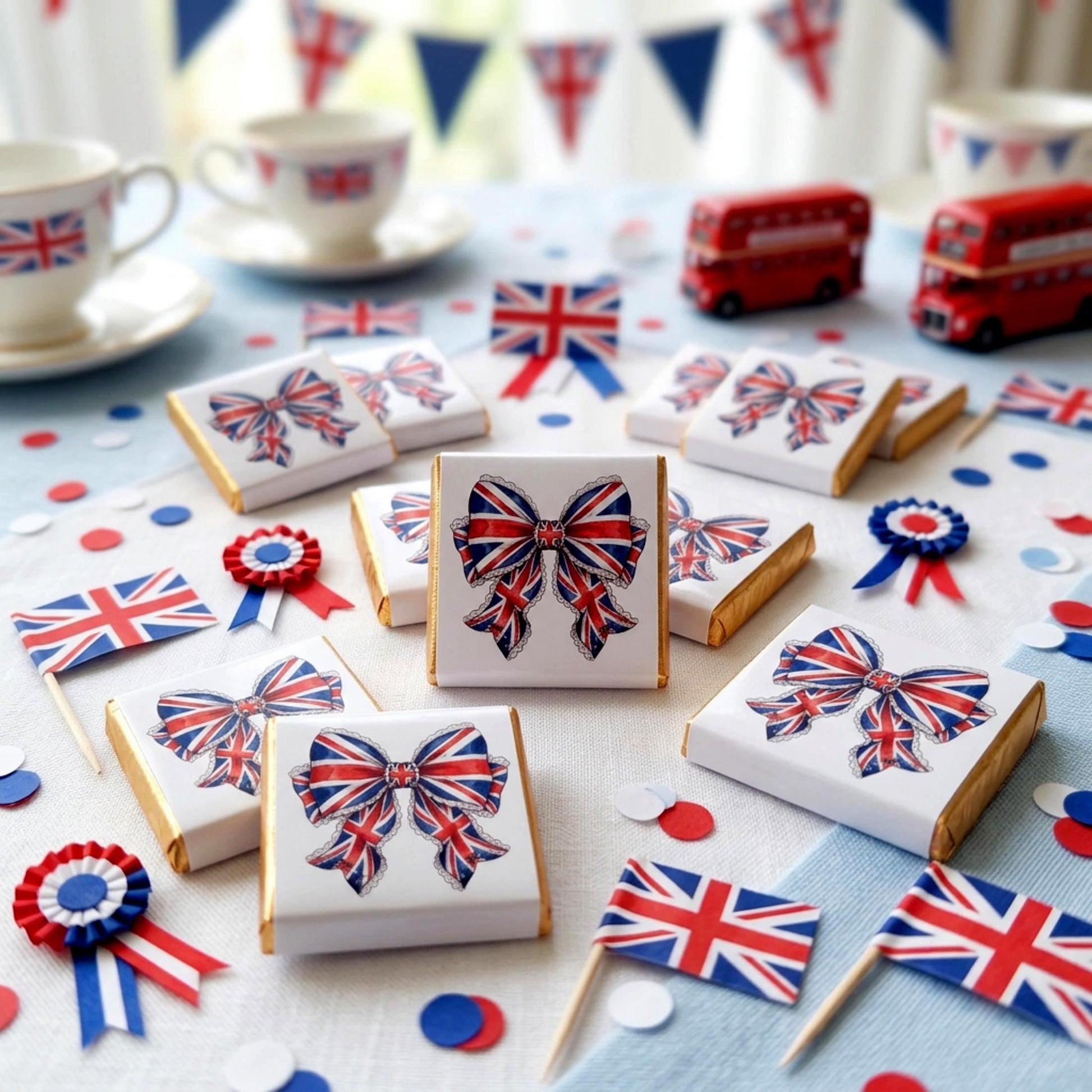 Personalised Union Jack Chocolate Favours – British Bow Table Decor, Street Party Bag Fillers