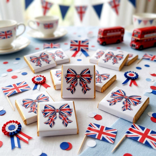 Personalised Union Jack Chocolate Favours – British Bow Table Decor, Street Party Bag Fillers