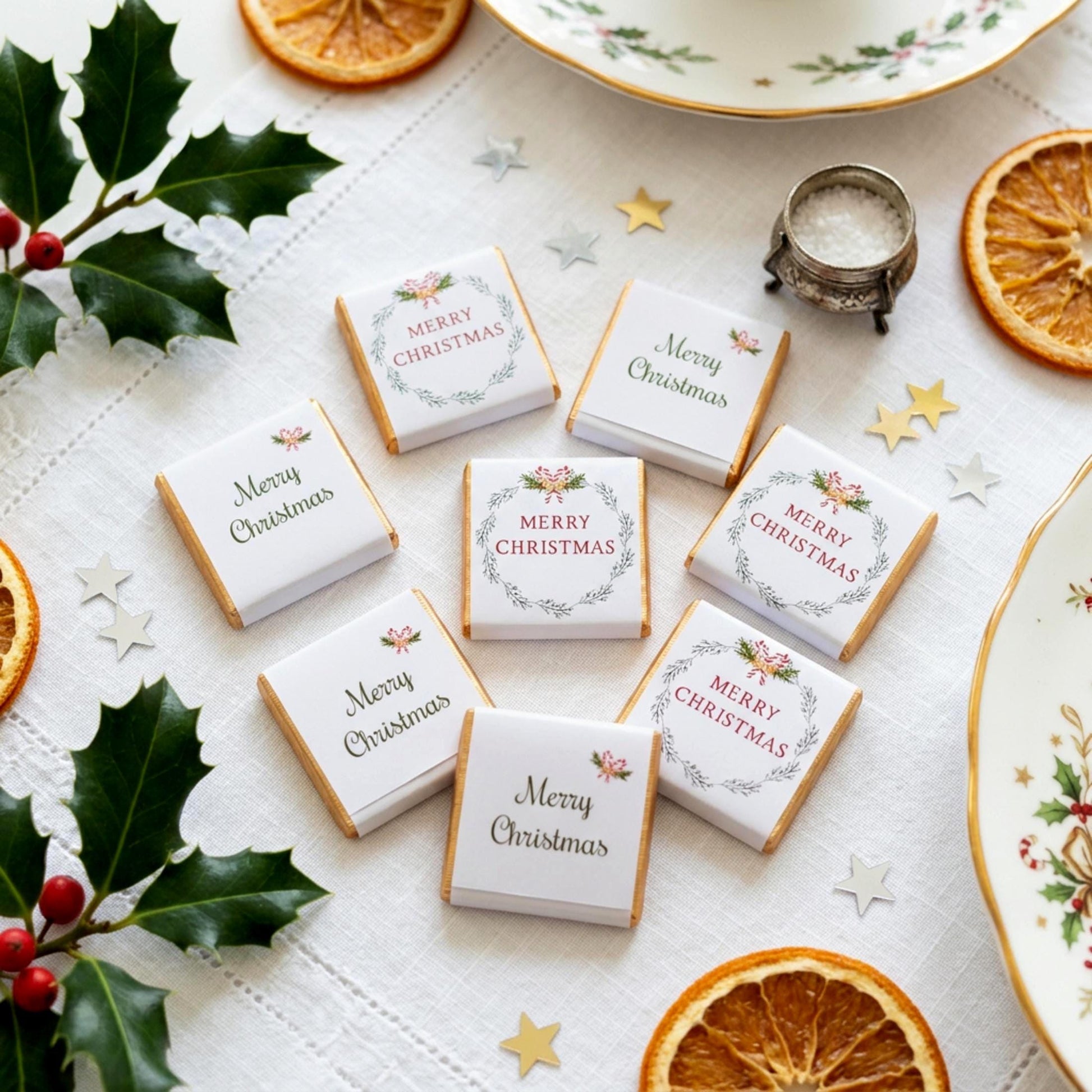 Personalised Merry Christmas Party Favours Holly Wreath