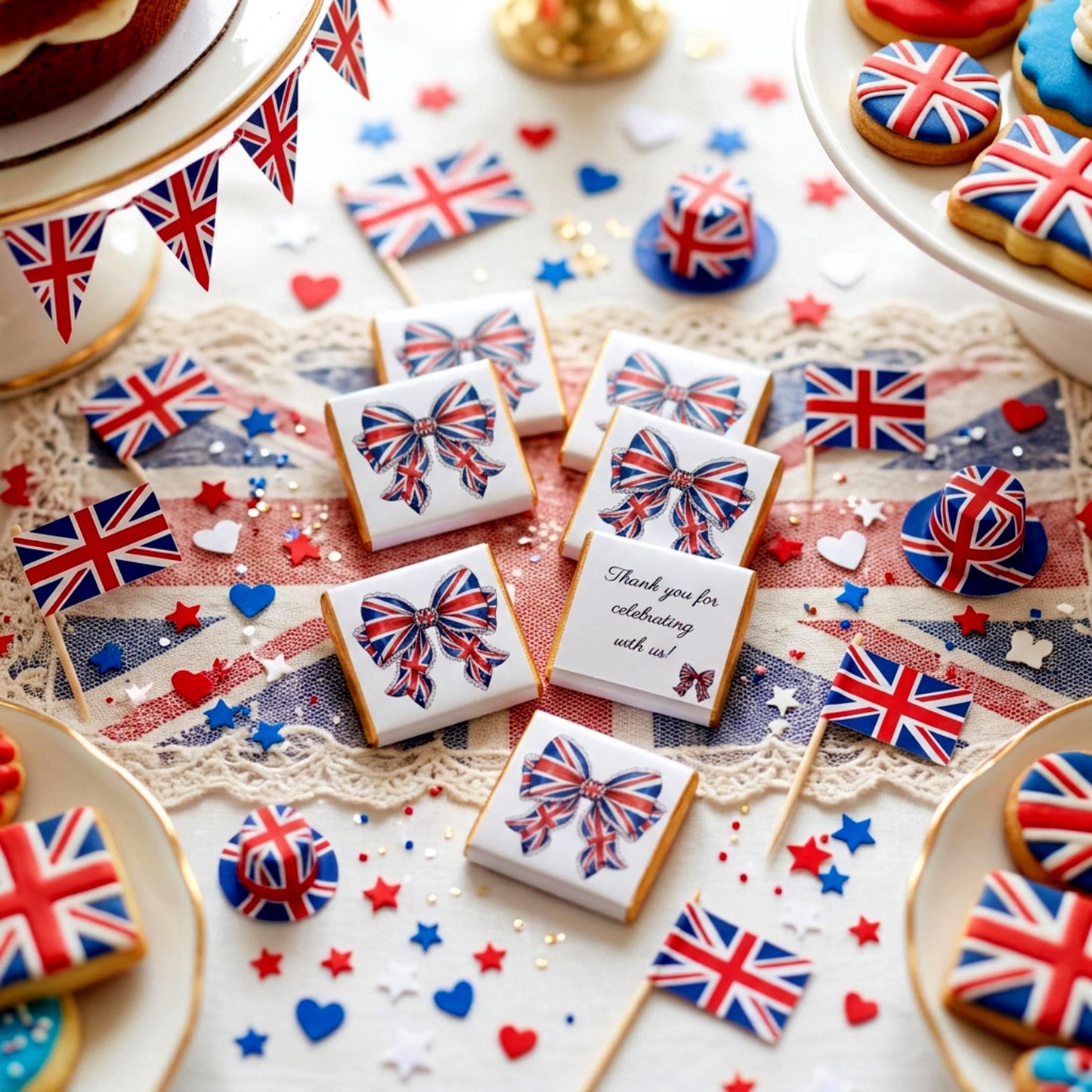 Personalised Union Jack Chocolate Favours – British Bow Table Decor, Street Party Bag Fillers