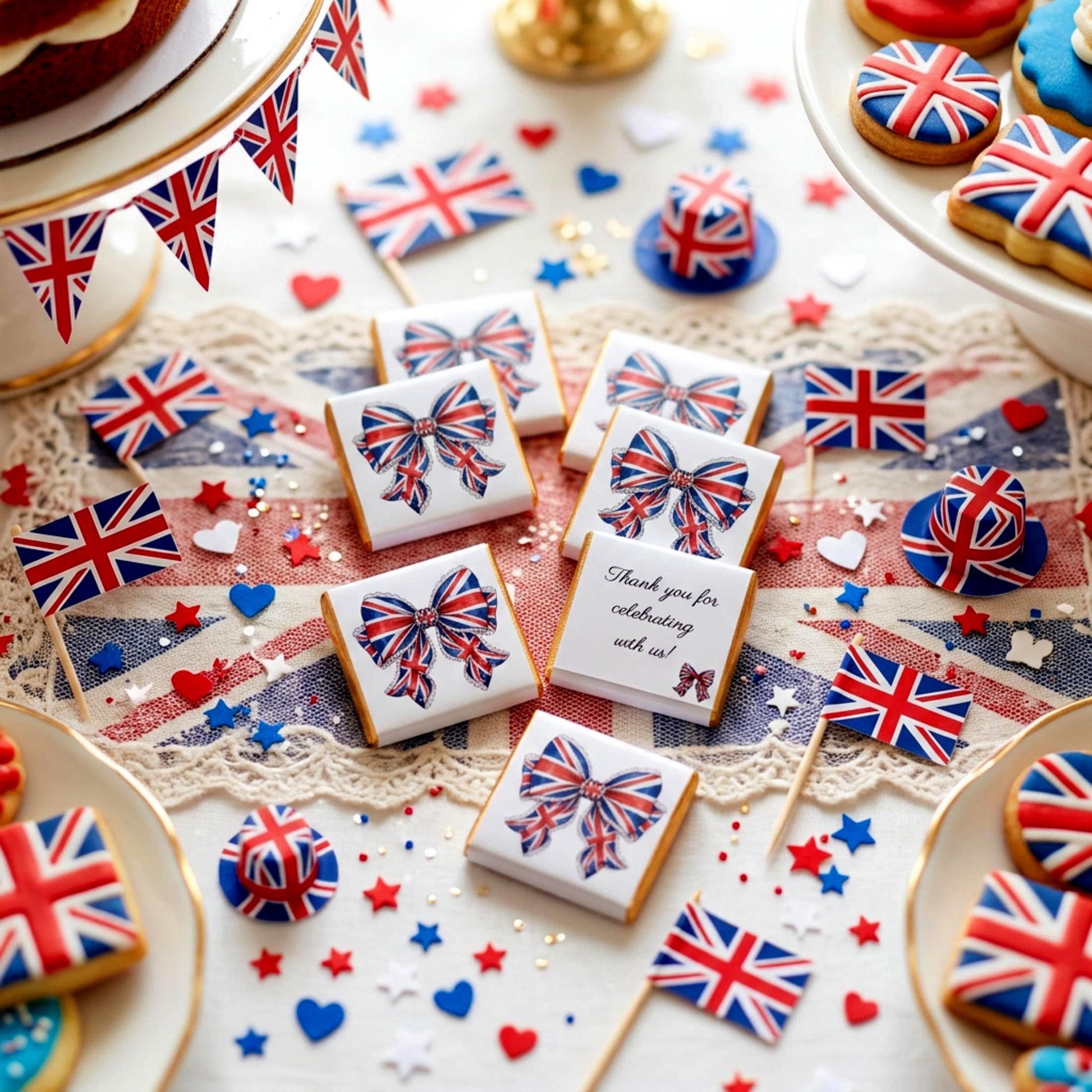 Personalised Union Jack Chocolate Favours – British Bow Table Decor, Street Party Bag Fillers