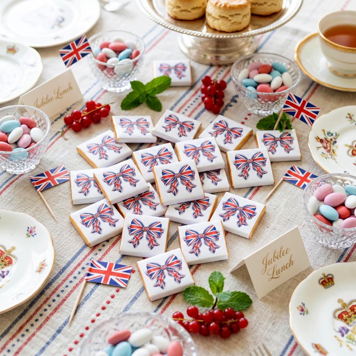 Personalised Union Jack Chocolate Favours – British Bow Table Decor, Street Party Bag Fillers