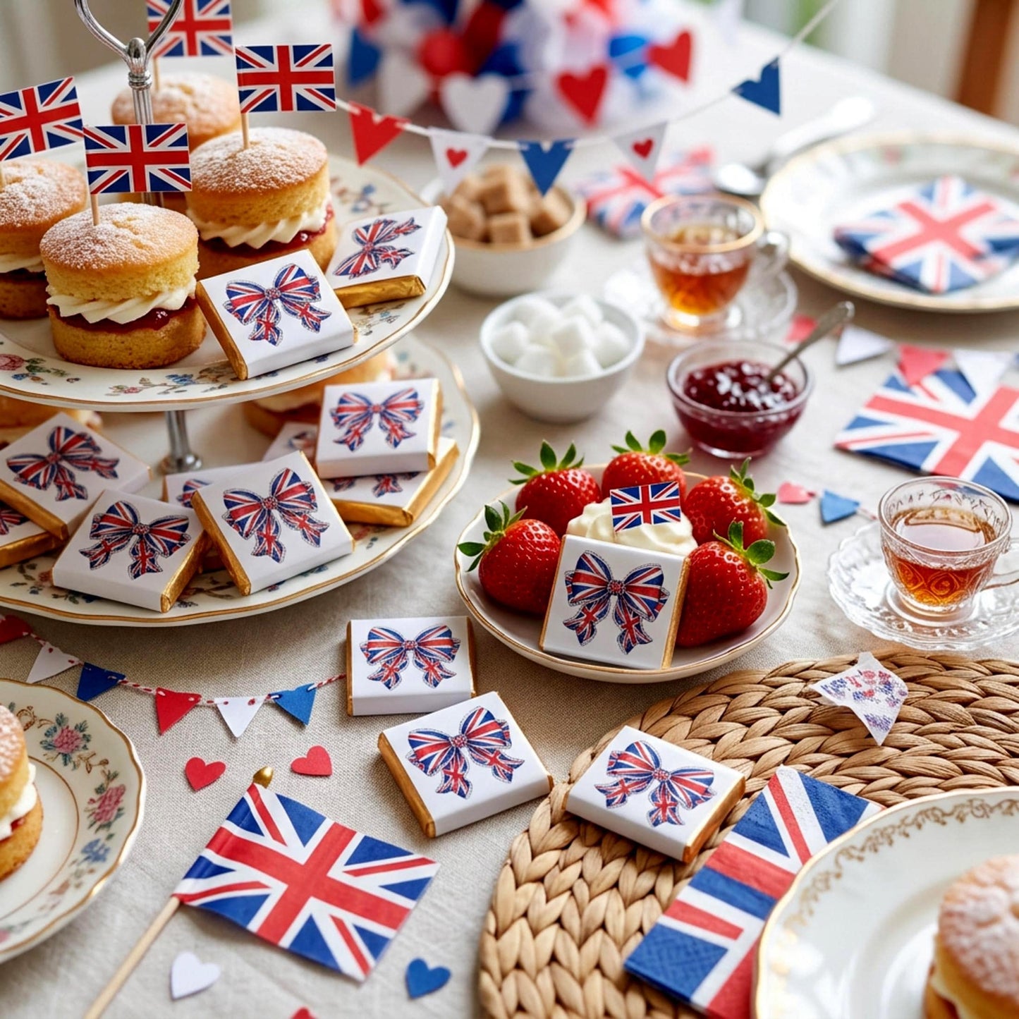 Personalised Union Jack Chocolate Favours – British Bow Table Decor, Street Party Bag Fillers