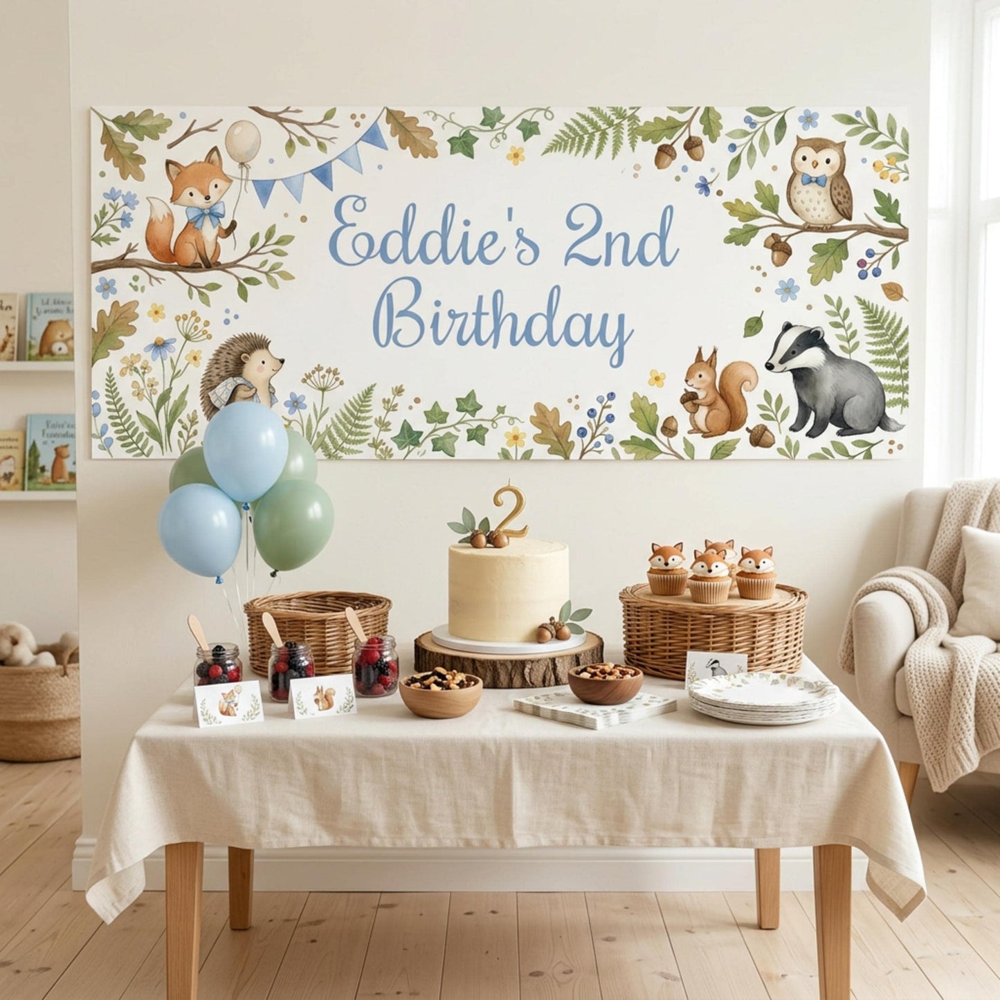 Personalised Woodland Animals Birthday Banner, Forest Party Backdrop for Boys, Toddler Milestone Wall Sign