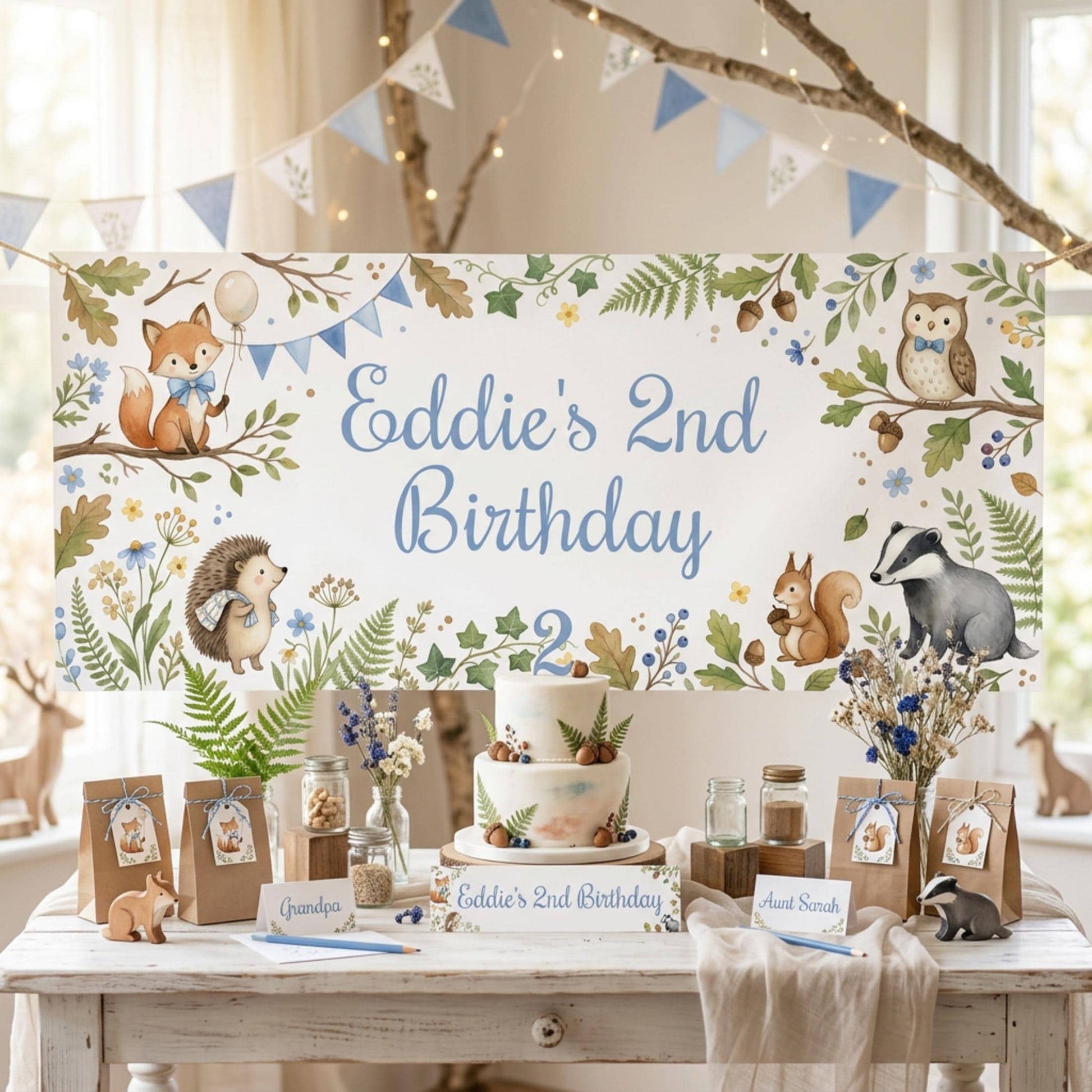 Personalised Woodland Animals Birthday Banner, Forest Party Backdrop for Boys, Toddler Milestone Wall Sign