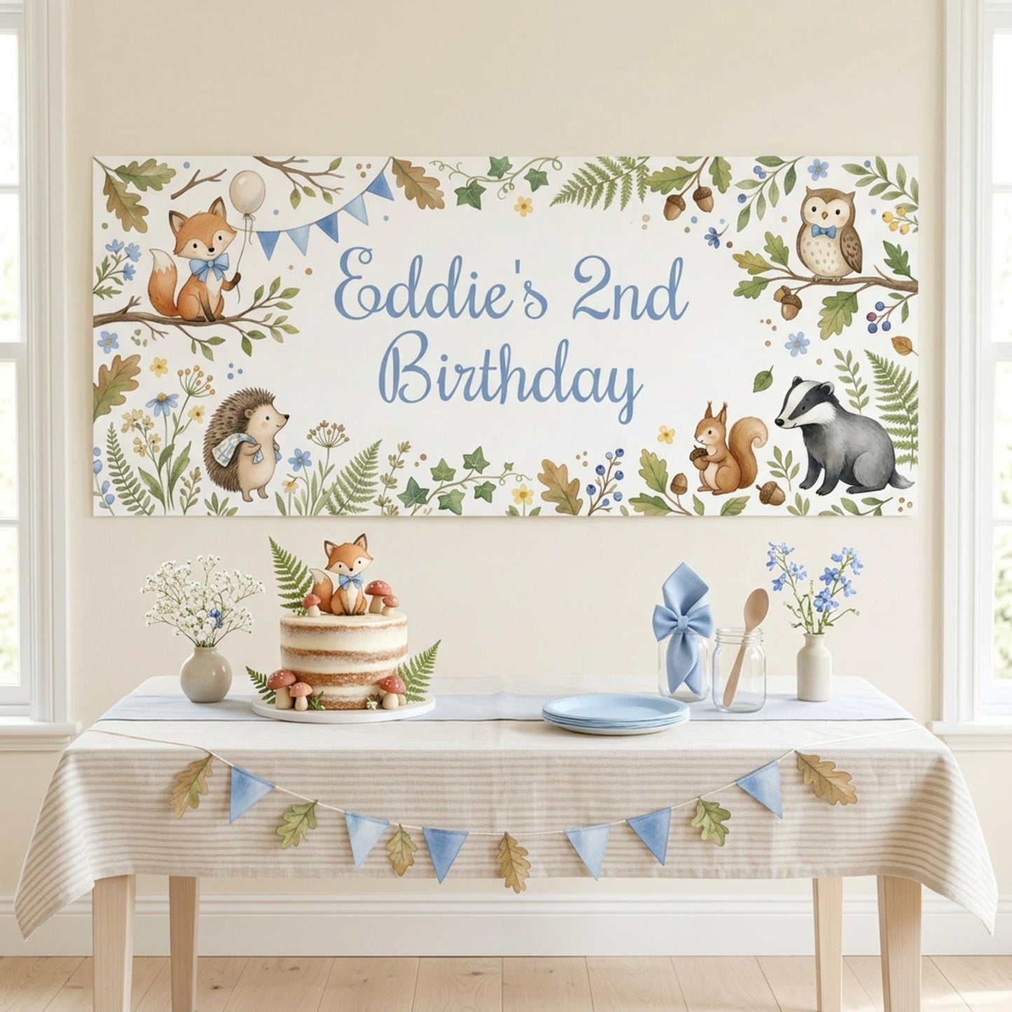 Personalised Woodland Animals Birthday Banner, Forest Party Backdrop for Boys, Toddler Milestone Wall Sign