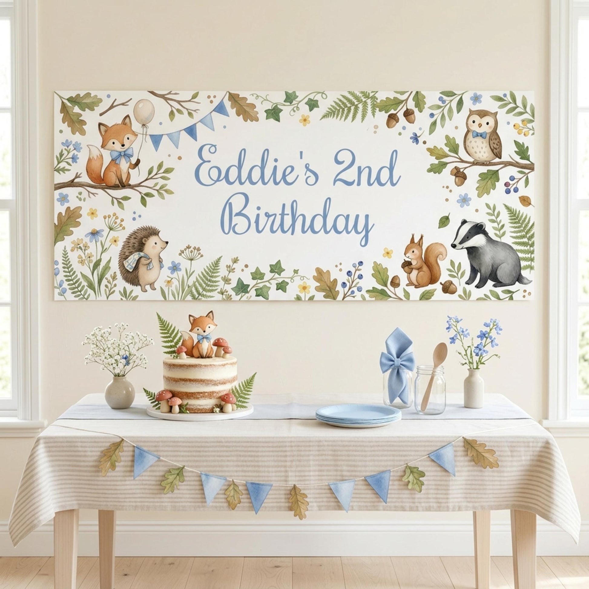 Personalised Woodland Animals Birthday Banner, Forest Party Backdrop for Boys, Toddler Milestone Wall Sign
