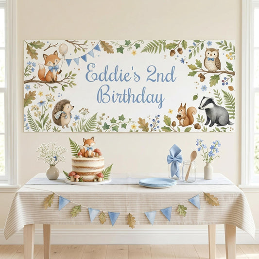 Personalised Woodland Animals Birthday Banner, Forest Party Backdrop for Boys, Toddler Milestone Wall Sign