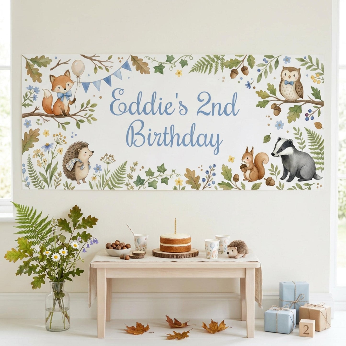Personalised Woodland Animals Birthday Banner, Forest Party Backdrop for Boys, Toddler Milestone Wall Sign