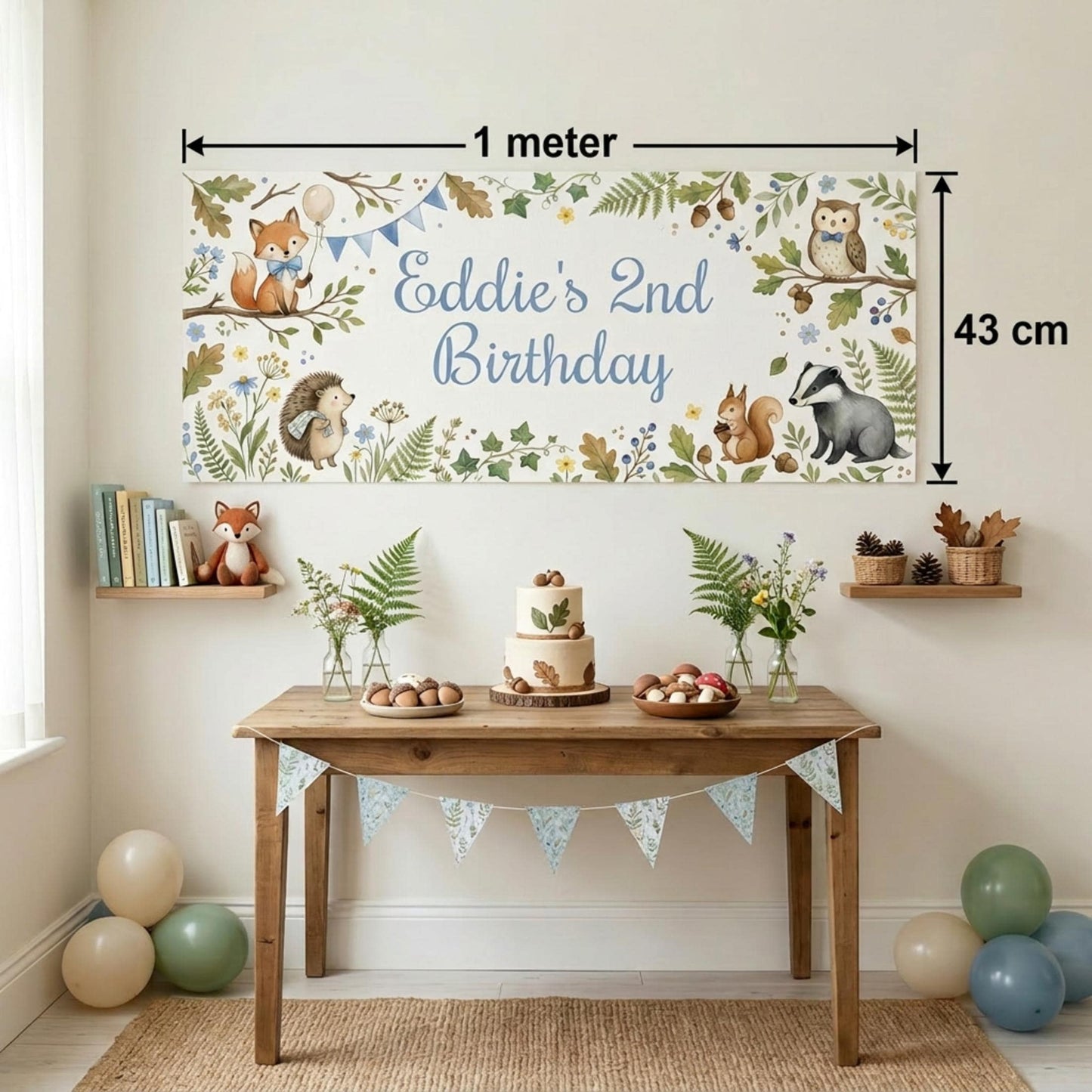 Personalised Woodland Animals Birthday Banner, Forest Party Backdrop for Boys, Toddler Milestone Wall Sign