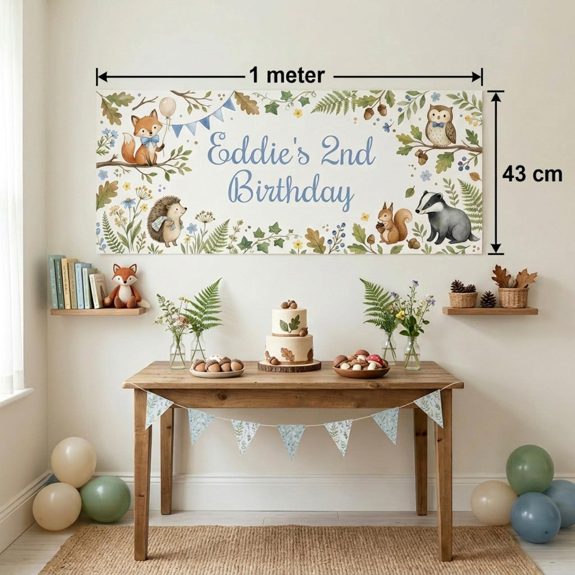 Personalised Woodland Animals Birthday Banner, Forest Party Backdrop for Boys, Toddler Milestone Wall Sign