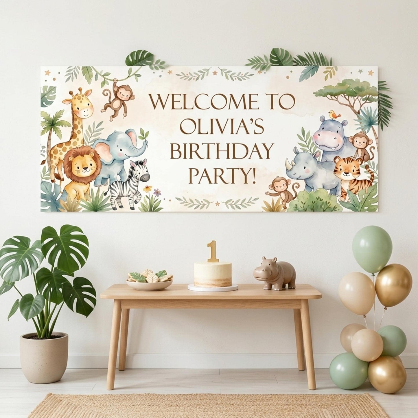 Personalised Jungle Birthday Banner, Custom Safari Party Backdrop, Neutral Wild One Milestone Sign