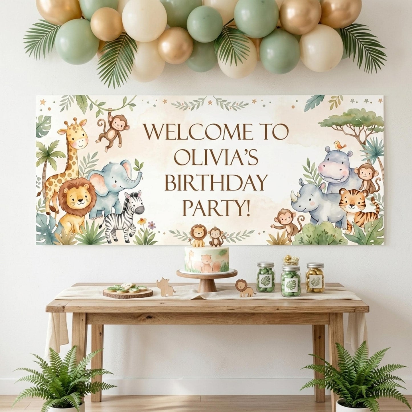 Personalised Jungle Birthday Banner, Custom Safari Party Backdrop, Neutral Wild One Milestone Sign