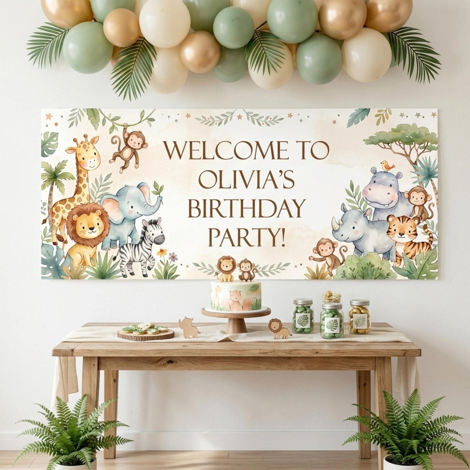 Personalised Jungle Birthday Banner, Custom Safari Party Backdrop, Neutral Wild One Milestone Sign