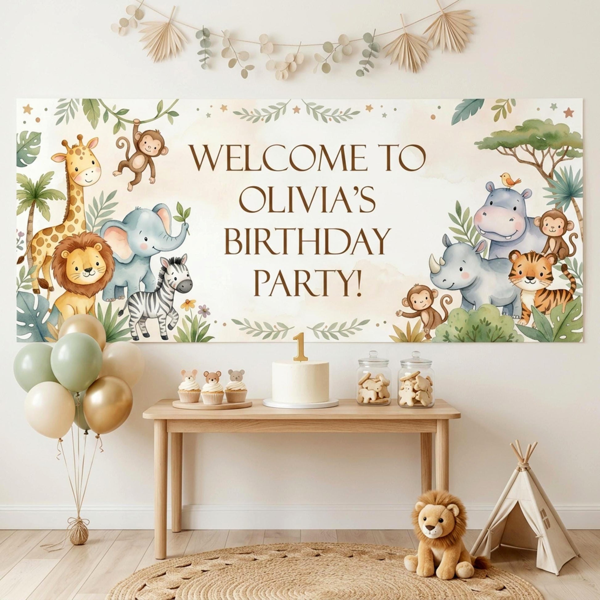 Personalised Jungle Birthday Banner, Custom Safari Party Backdrop, Neutral Wild One Milestone Sign